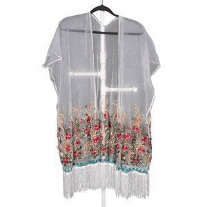 Sheer Floral Kimono Duster Cardigan One Size NEW Embroidered White Green Pink